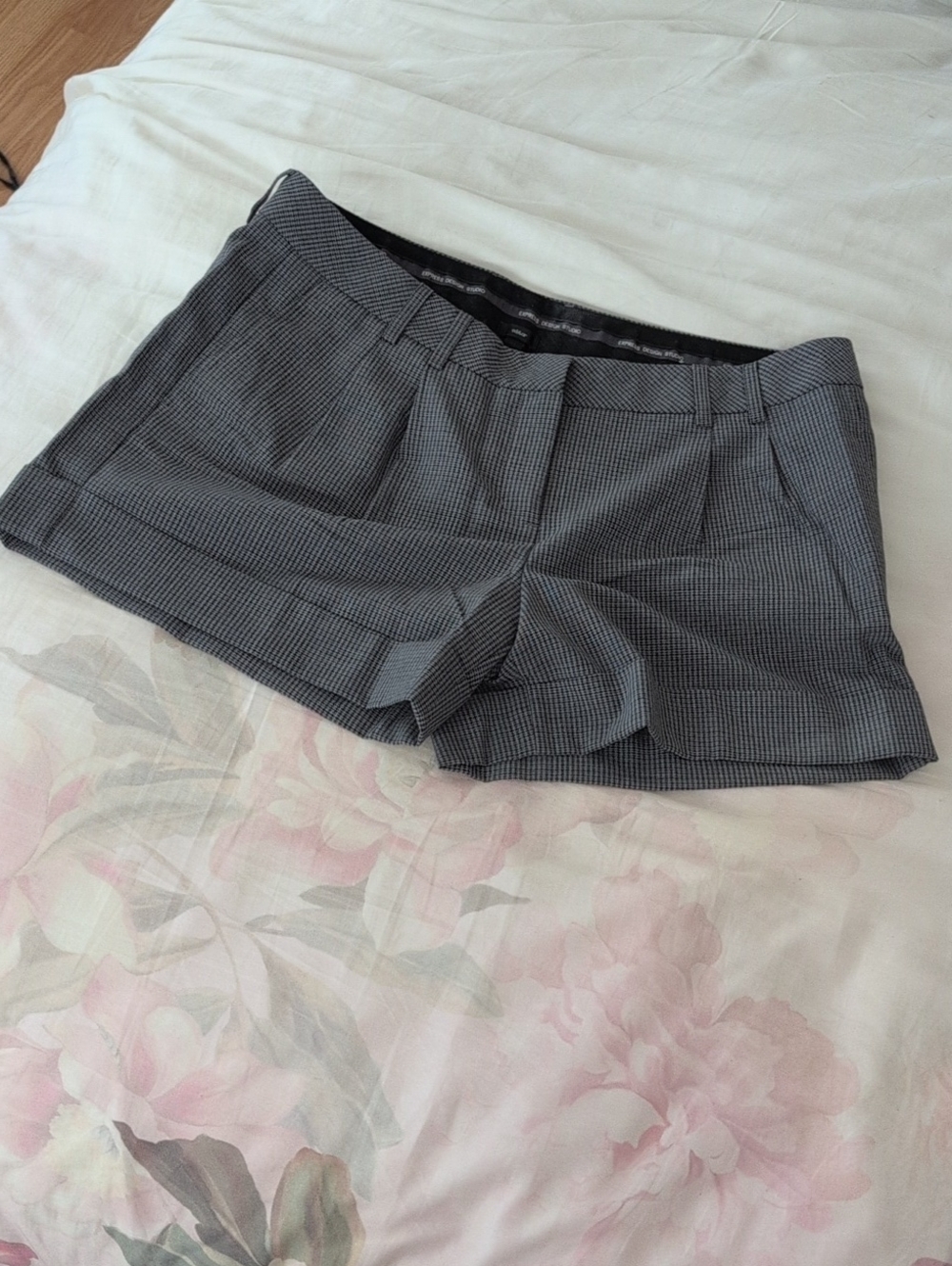 Express High-Waist Black & White Micro-Check Tailored Shorts
